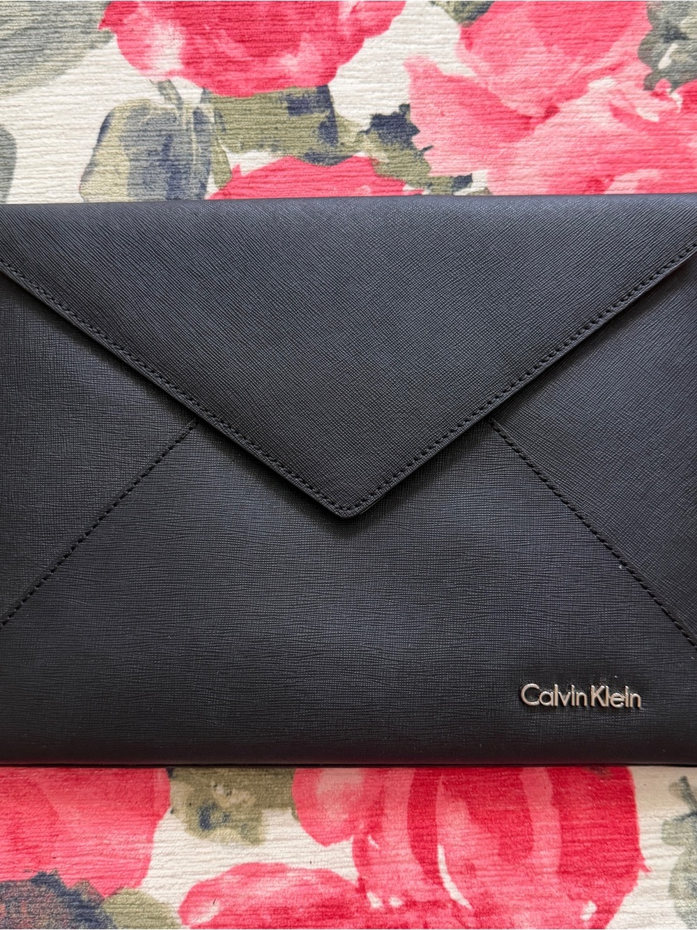 Calvin Klein Black Saffiano Leather Fold-Over Clutch with Silver leather inside
